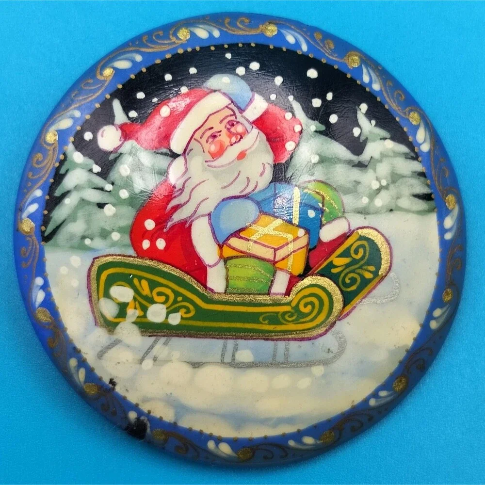 Santa Christmas VTG Hand painted Russian Brooch Pin Holiday Signed Lacquer